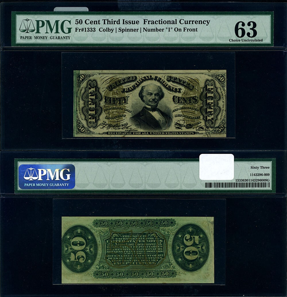 FR. 1333 50c 3rd Issue Fractional Note Number 1 PMG CU63: FR. 1333 50c 3rd Issue Fractional Note Number 1 PMG CU63 This 50 cent Fractional Note from the 3rd Issue (FR. 1333) features the unique number "1" prominently displayed on the front. Certified by PMG 