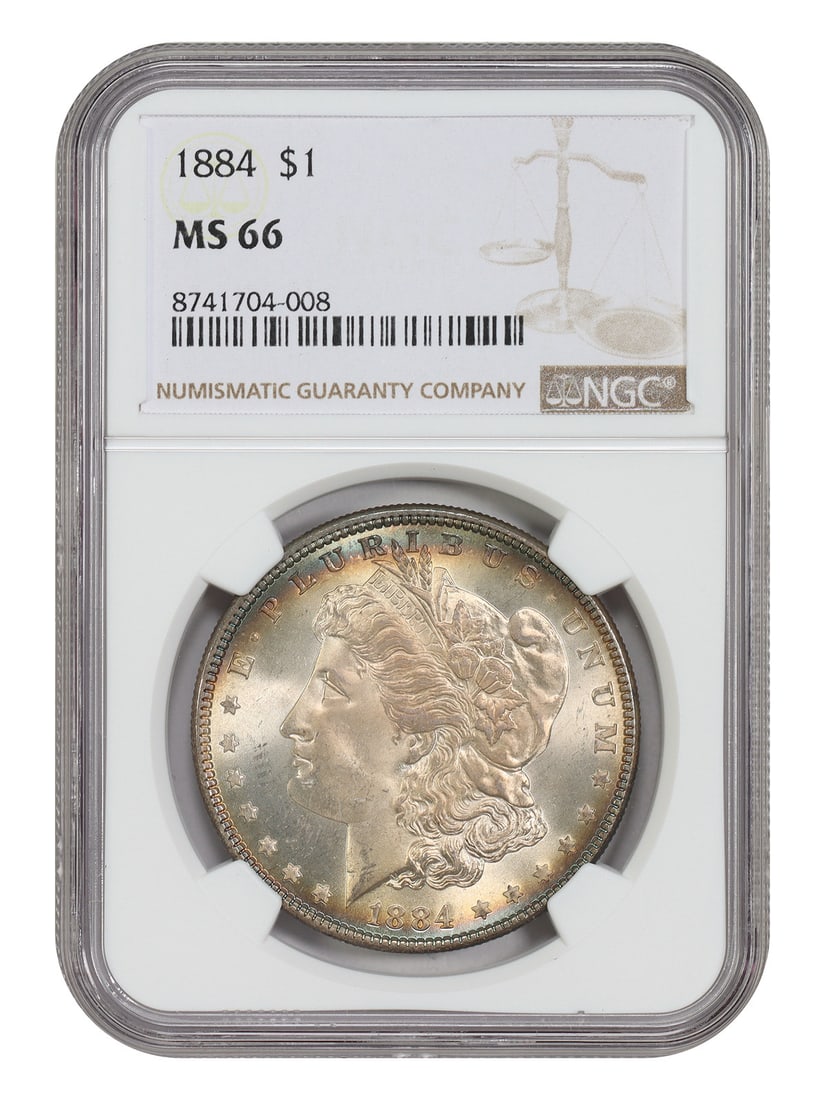 NGC MS66 1884 Morgan Silver Dollar Philadelphia Mint: NGC MS66 1884 Morgan Silver Dollar Philadelphia Mint This 1884 Morgan Dollar is graded MS66 by NGC and originates from the Philadelphia Mint. As an uncirculated coin with a slightly better date, it of