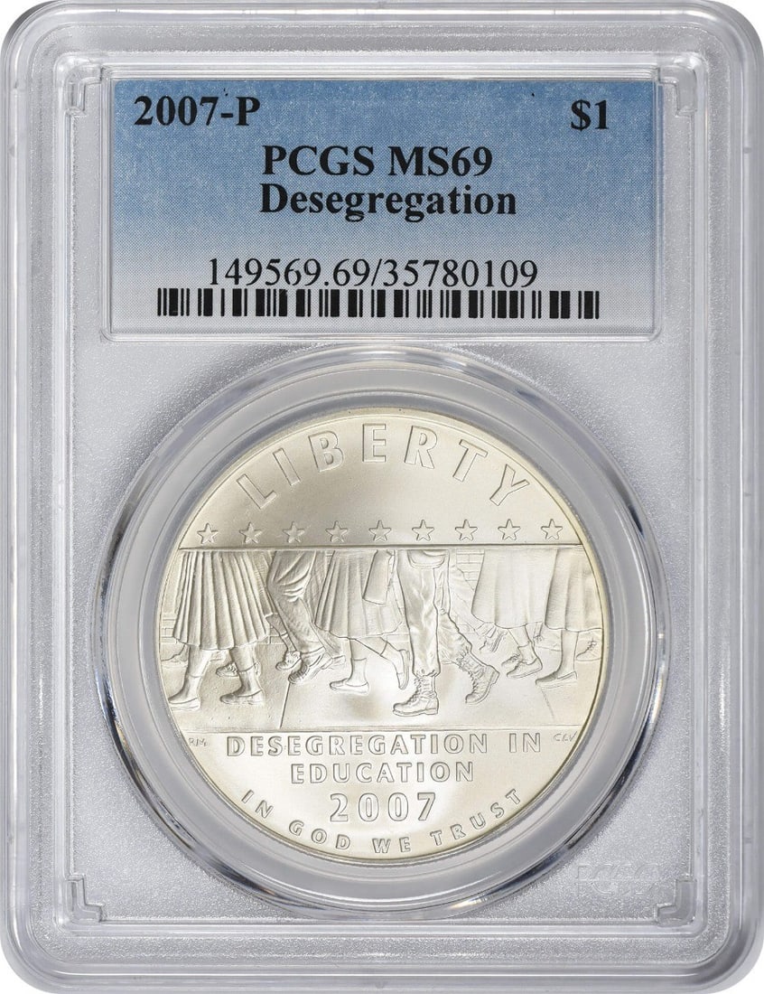 PCGS MS69 2007 Philadelphia Desegregation Silver Dollar Commemorative: PCGS MS69 2007 Philadelphia Desegregation Silver Dollar Commemorative This 2007-P Desegregation Silver Commemorative Dollar is an uncirculated coin graded MS69 by PCGS. Struck at the Philadelphia Mint