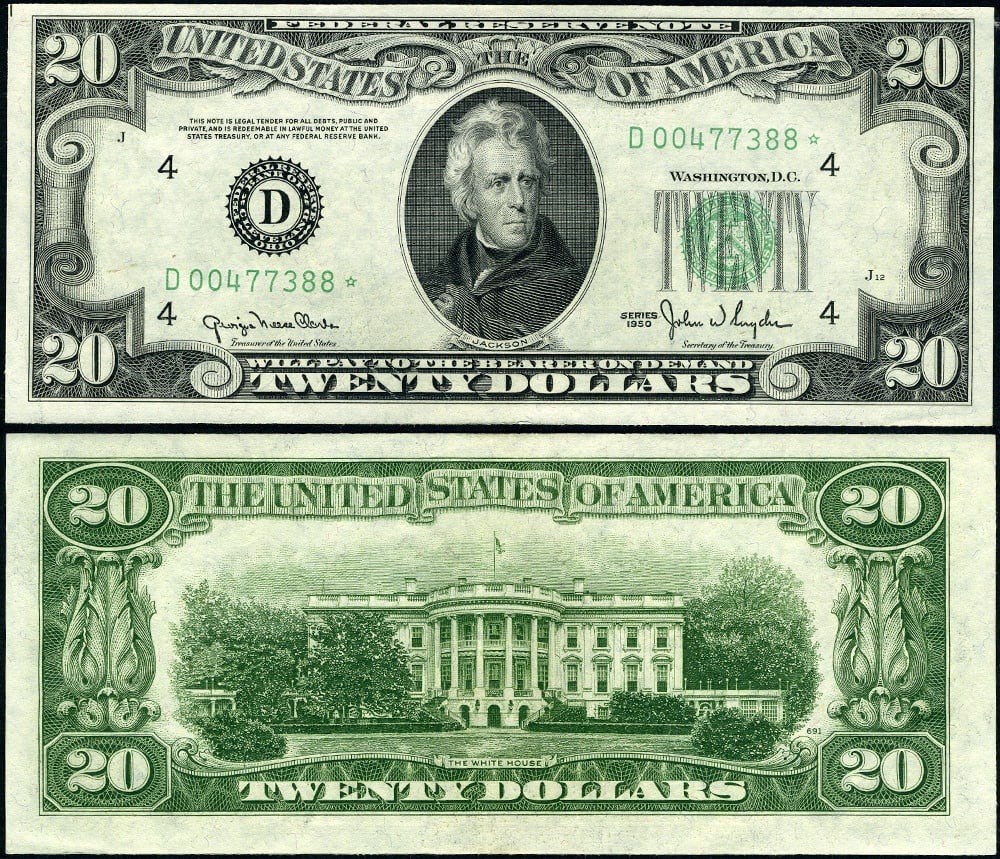 1950 $20 Cleveland Federal Reserve Note Choice Uncirculated Star: 1950 $20 Cleveland Federal Reserve Note Choice Uncirculated Star This is a 1950 Federal Reserve Note featuring a denomination of $20 from the Cleveland district (FR. 2059 D*). The note is categorized 