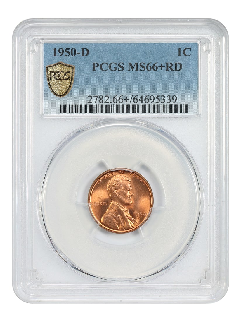PCGS MS66+RD 1950-D Lincoln Wheat Cent: PCGS MS66+RD 1950-D Lincoln Wheat Cent This is a 1950-D Lincoln Cent (Wheat Reverse) graded MS66+RD by PCGS. The coin is uncirculated and features a red designation, indicating its original mint luste