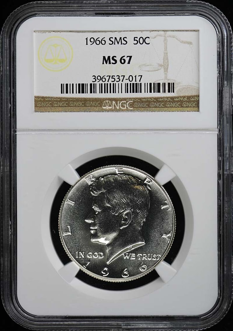 1966 SMS Kennedy Half Dollar NGC MS67 Uncirculated Coin: 1966 SMS Kennedy Half Dollar NGC MS67 Uncirculated Coin This 1966 Kennedy Half Dollar is graded MS67 by NGC, ensuring it is in uncirculated condition. Minted in Philadelphia, this coin is a striking a