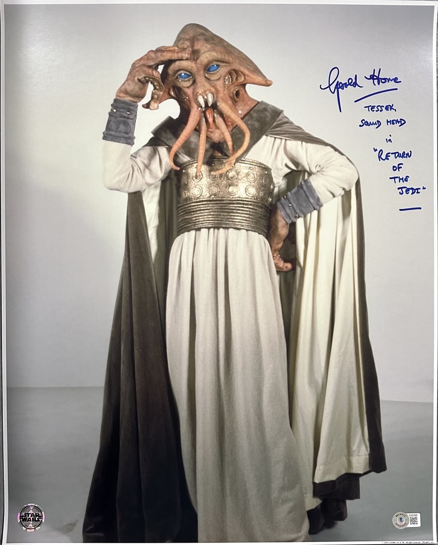 Gerald Home Tessek Signed 16x20 Photo with Inscription Beckett Authenticated: Gerald Home Tessek Signed 16x20 Photo with Inscription Beckett Authenticated This striking 16x20 color photograph features Gerald Home as Tessek from Return of the Jedi, beautifully signed and inscrib