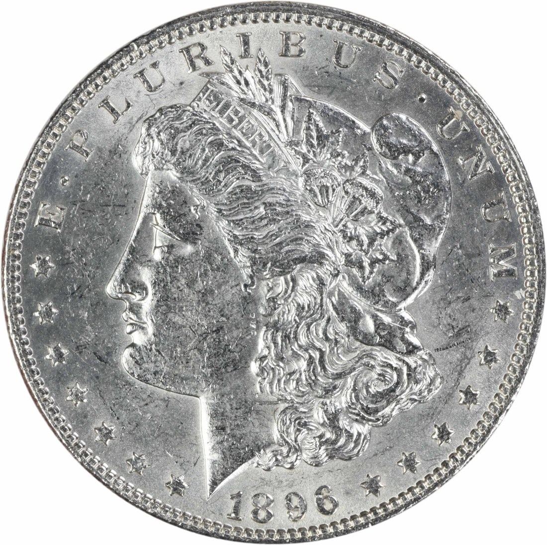 1896 Philadelphia Morgan dollar AU uncertified silver coin: 1896 Philadelphia Morgan dollar AU uncertified silver coin This 1896 Morgan Silver Dollar was minted in Philadelphia and features a composition of 90% silver and 10% copper. Designed by George T. Morg