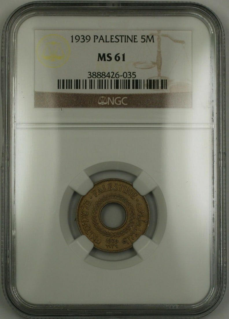 1939 Palestine Five Mils NGC MS-61 Certified Coin: 1939 Palestine Five Mils NGC MS-61 Certified Coin This is a 1939 Palestine 5 Mils coin certified by NGC with a grade of MS-61. The coin is uncirculated and in pre-owned condition. Specifications Year: