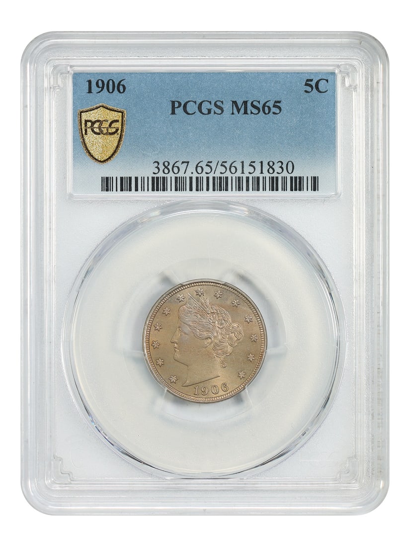 1906 Liberty Nickel PCGS MS65 Graded Five Cent Coin: 1906 Liberty Nickel PCGS MS65 Graded Five Cent Coin This is a 1906 Liberty Nickel graded MS65 by PCGS. The coin is uncirculated and was minted in Philadelphia. It features the classic Liberty Nickel d