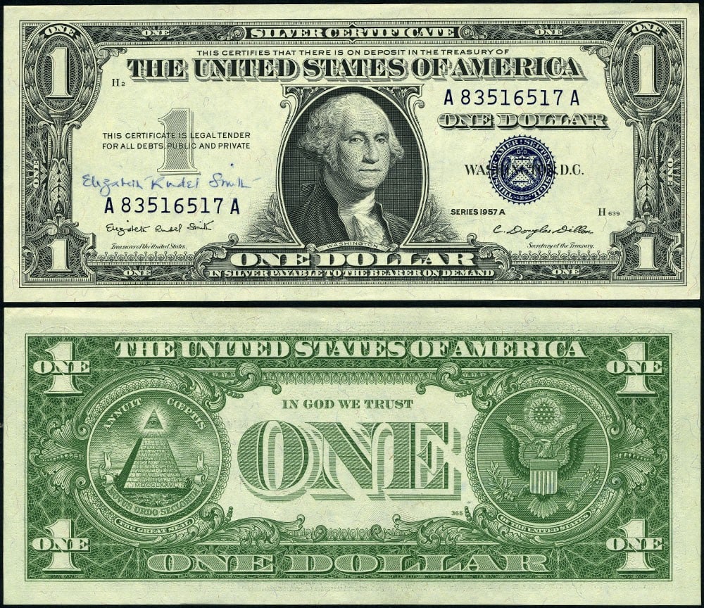 1957-A $1 Silver Certificate FR. 1620 Gem Uncirculated A-A Block: 1957-A $1 Silver Certificate FR. 1620 Gem Uncirculated A-A Block This 1957-A $1 Silver Certificate (FR. 1620) features the A-A block and is graded as Gem CU, indicating its exceptional quality. The ce