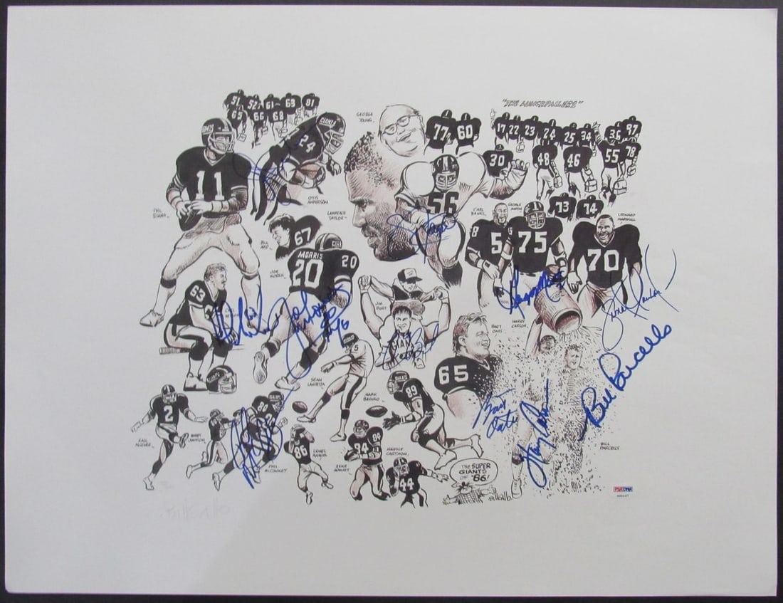 PSA DNA authenticated 19x25 New York Giants lithograph signed by 11 (1 of 8)