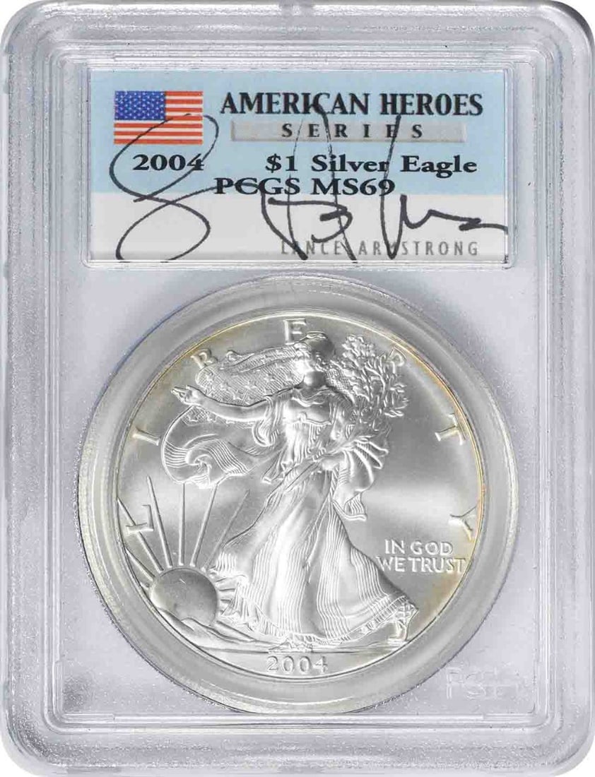 2004 PCGS MS69 Silver Eagle Dollar Lance Armstrong Signature: 2004 PCGS MS69 Silver Eagle Dollar Lance Armstrong Signature This 2004 $1 American Silver Eagle coin is graded MS69 by PCGS and features the signature of Lance Armstrong. Struck by the U.S. Mint in Ph