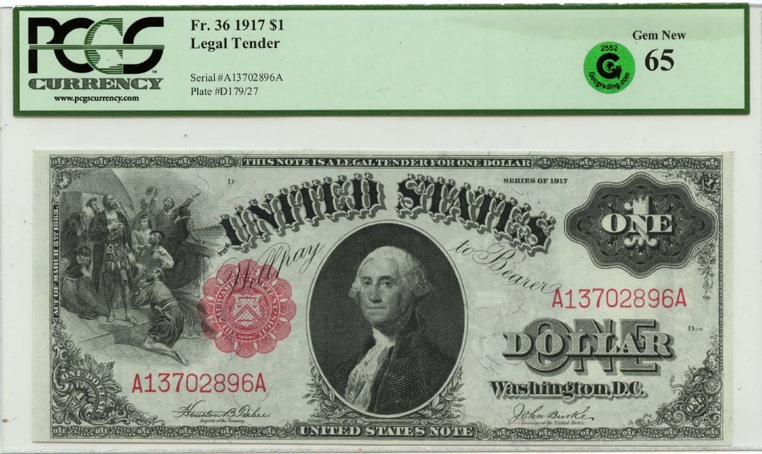 1917 $1 Legal Tender Note PCGS MS65 GEM Certified Uncirculated: 1917 $1 Legal Tender Note PCGS MS65 GEM Certified Uncirculated This 1917 $1 Legal Tender Note is a stunning piece of currency, graded MS65 by PCGS Currency, indicating its exceptional quality. This un