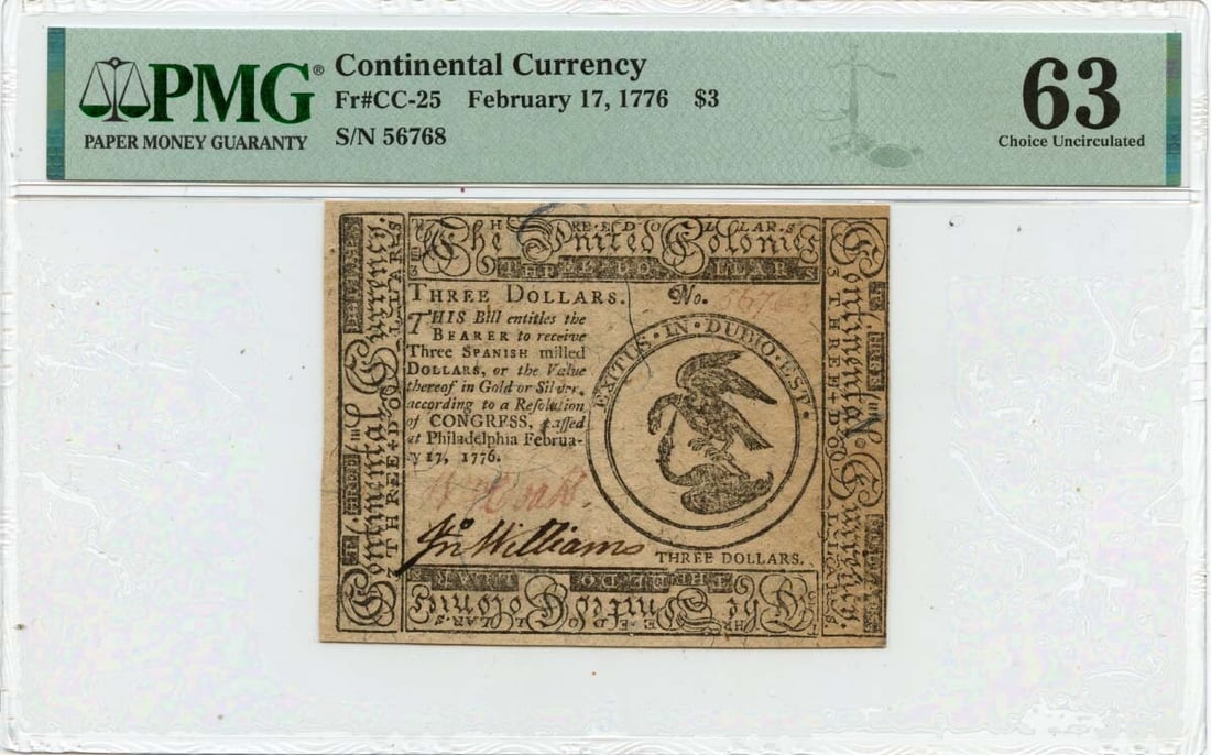 1776 $3 Continental Currency FR#CC-25 PMG MS63 Uncirculated: 1776 $3 Continental Currency FR#CC-25 PMG MS63 Uncirculated This is a February 17, 1776 $3 Continental Currency, cataloged as FR#CC-25. It is graded as MS63 by PMG, indicating an uncirculated conditio