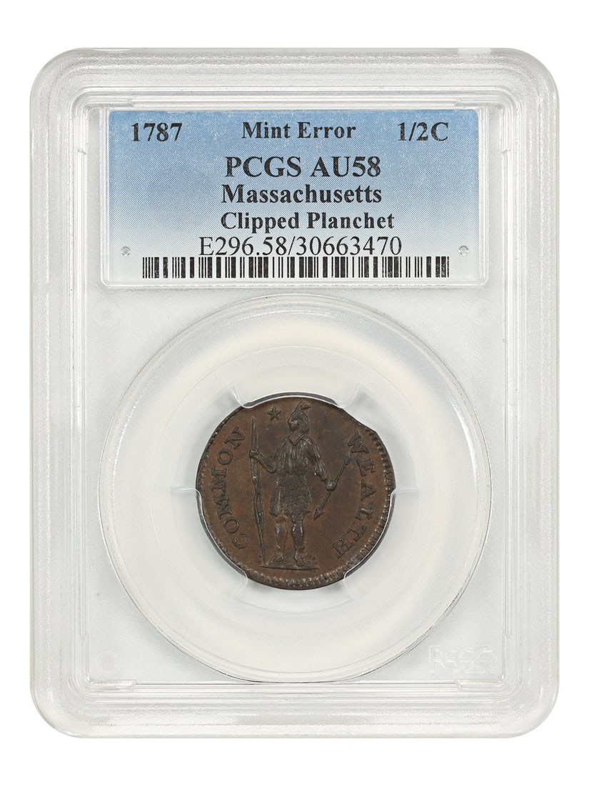1787 Massachusetts Half Cent PCGS AU58 Clipped Planchet Colonial (1 of 4)