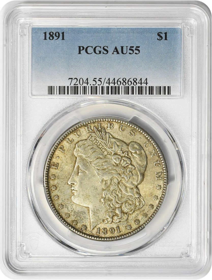 1891 Morgan Silver Dollar AU55 PCGS Certified Coin: 1891 Morgan Silver Dollar AU55 PCGS Certified Coin This 1891 Morgan Silver Dollar is a stunning example of American coinage, featuring the iconic design by George T. Morgan. Struck in Philadelphia, th