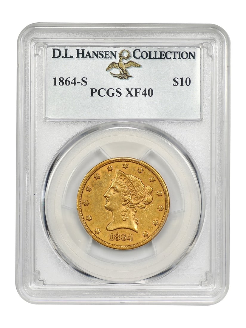 1864-S Liberty Head $10 Coin PCGS XF40 Spectacular Rarity: 1864-S Liberty Head $10 Coin PCGS XF40 Spectacular Rarity This 1864-S Liberty Head $10 gold coin is a spectacular rarity, certified by PCGS with a grade of XF40. With a mintage of only 2,500, it is on