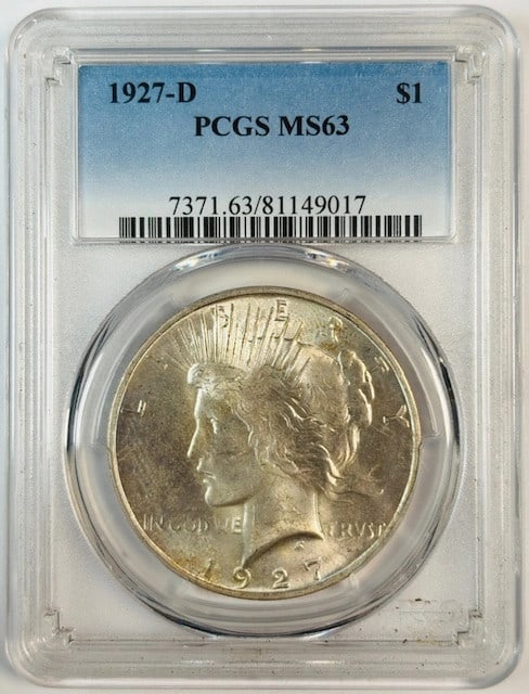 PCGS MS63 1927-D Silver Peace Dollar: PCGS MS63 1927-D Silver Peace Dollar This 1927 D Peace Dollar is composed of silver and graded MS 63 by PCGS. Minted in Denver, this uncirculated coin originates from the USA and is a pre-owned collec