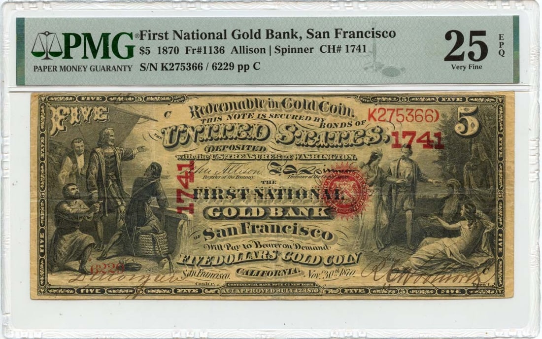 PMG VF25 EPQ 1870 San Francisco Gold Bank $5 Note FR 1136 CH 1741 (1 of 2)