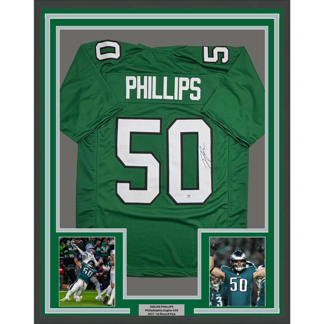 Jaelan Phillips Signed 35x39 Framed Kelly Green Jersey With PSA DNA Authentication: Jaelan Phillips Signed 35x39 Framed Kelly Green Jersey With PSA DNA Authentication This framed Jaelan Phillips Kelly Green jersey features an authenticated autograph, verified by Professional Sports A