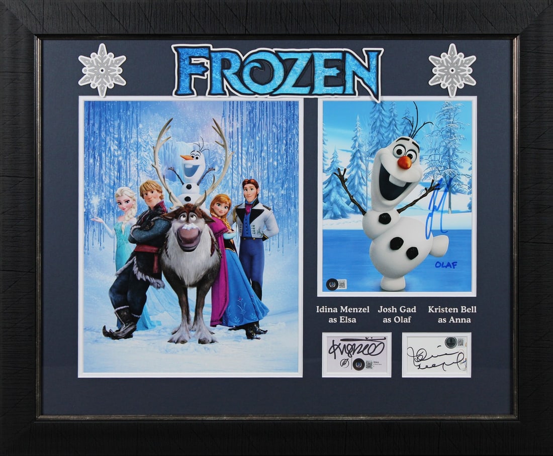 Framed Photograph Signed by Idina Menzel Josh Gad Kristen Bell Beckett Authenticated: Framed Photograph Signed by Idina Menzel Josh Gad Kristen Bell Beckett Authenticated This is an original autographed framed display featuring hand-signed signatures of Idina Menzel, Josh Gad, and Kris