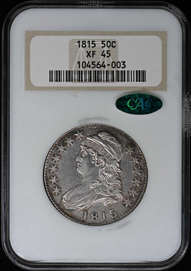 1815/2 Capped Bust Half Dollar NGC XF45 CAC Certified: 1815/2 Capped Bust Half Dollar NGC XF45 CAC Certified This Capped Bust Half Dollar, minted in 1815, features a lettered edge and has been graded as XF45 by NGC, showcasing its excellent condition for 