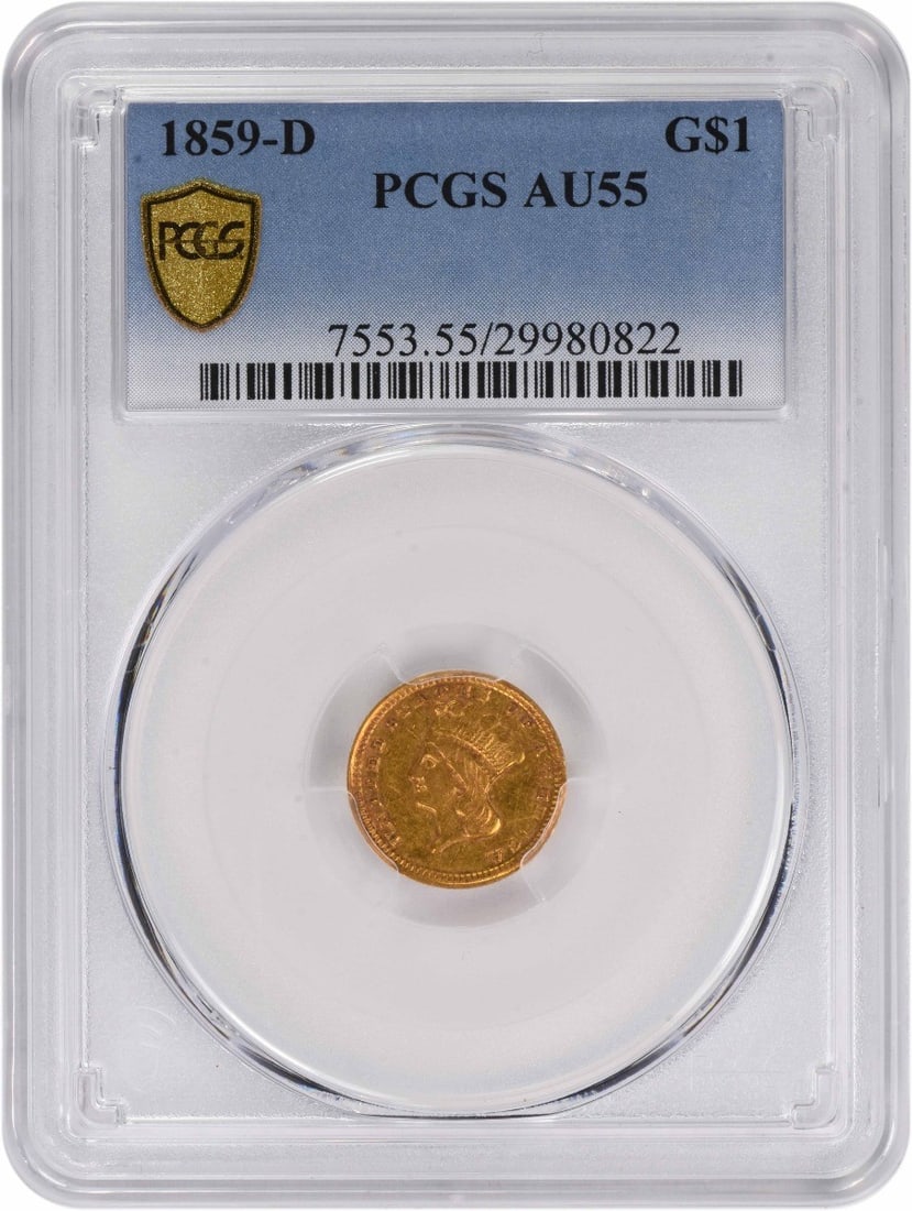 1859 Dahlonega $1 Gold Coin Type 3 AU55 PCGS Certified: 1859 Dahlonega $1 Gold Coin Type 3 AU55 PCGS Certified This stunning 1859 $1 Gold Type 3 coin from the Dahlonega mint showcases a remarkable quality, graded AU55 by PCGS. It features the classic desig