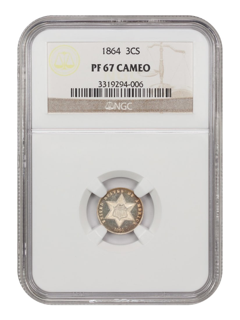 1864 Three Cent Silver Proof NGC PR67CAM Low Mintage Coin: 1864 Three Cent Silver Proof NGC PR67CAM Low Mintage Coin This 1864 Three Cent Silver coin is certified by NGC with a grade of PR67CAM, indicating its exceptional uncirculated condition. Minted in Phi