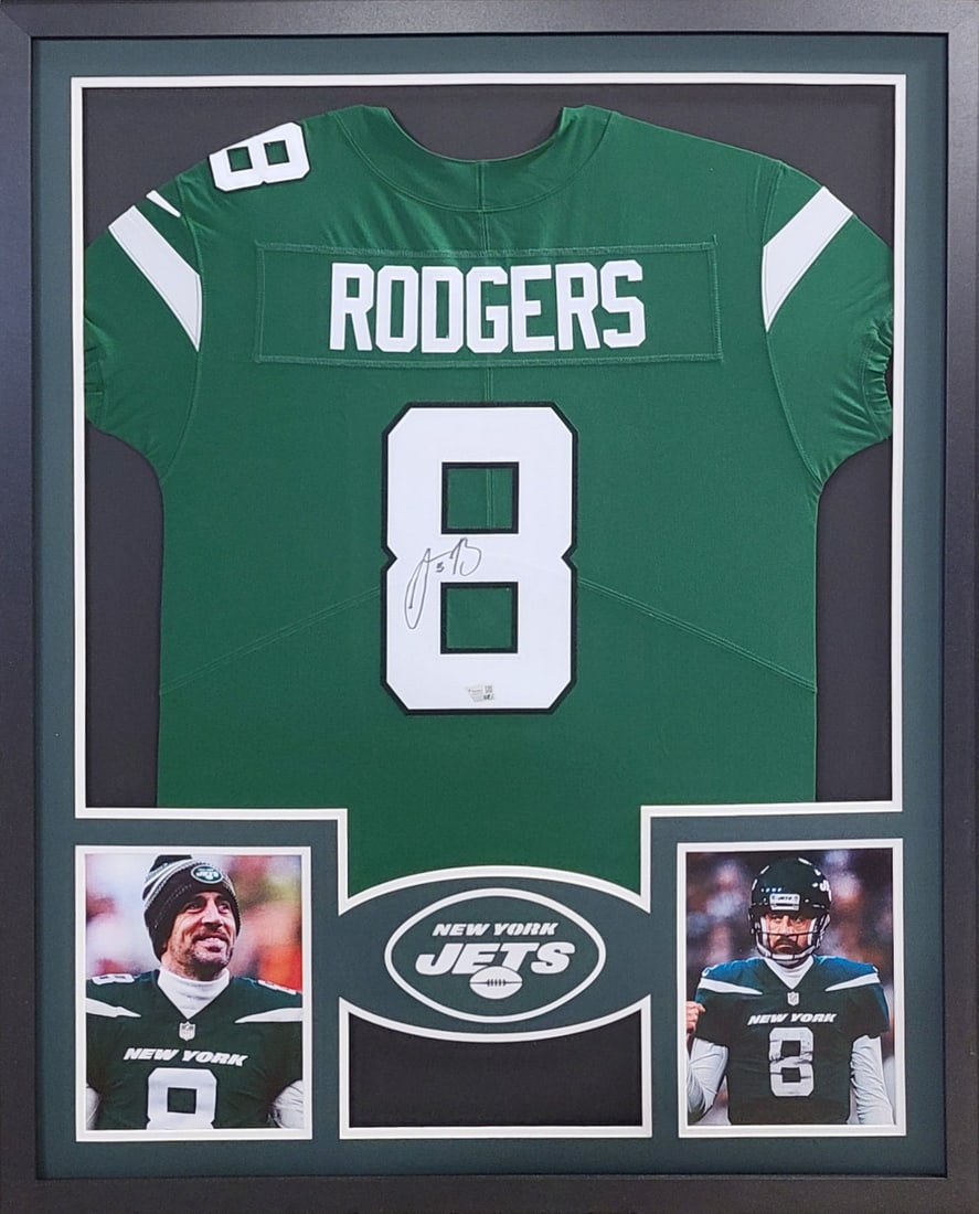 Aaron Rodgers Autographed Framed Jersey New York Jets Fanatics Certified: Aaron Rodgers Autographed Framed Jersey New York Jets Fanatics Certified This autographed Aaron Rodgers framed jersey is a must-have for any New York Jets fan. Authenticated by Fanatics, a leading nam