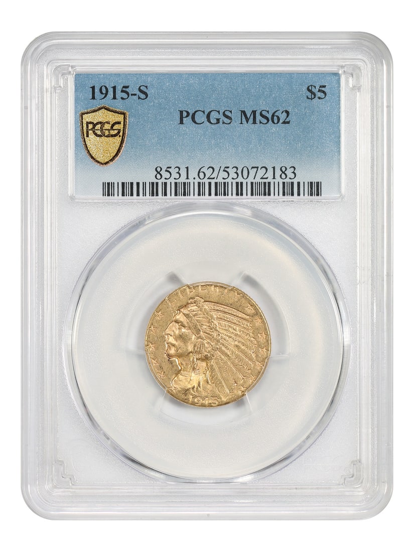 PCGS MS62 1915-S Indian $5 Gold Coin: PCGS MS62 1915-S Indian $5 Gold Coin This 1915-S Indian $5 gold coin is graded MS62 by PCGS and is an uncirculated example from the San Francisco Mint. It features strong details, original honey-gold 