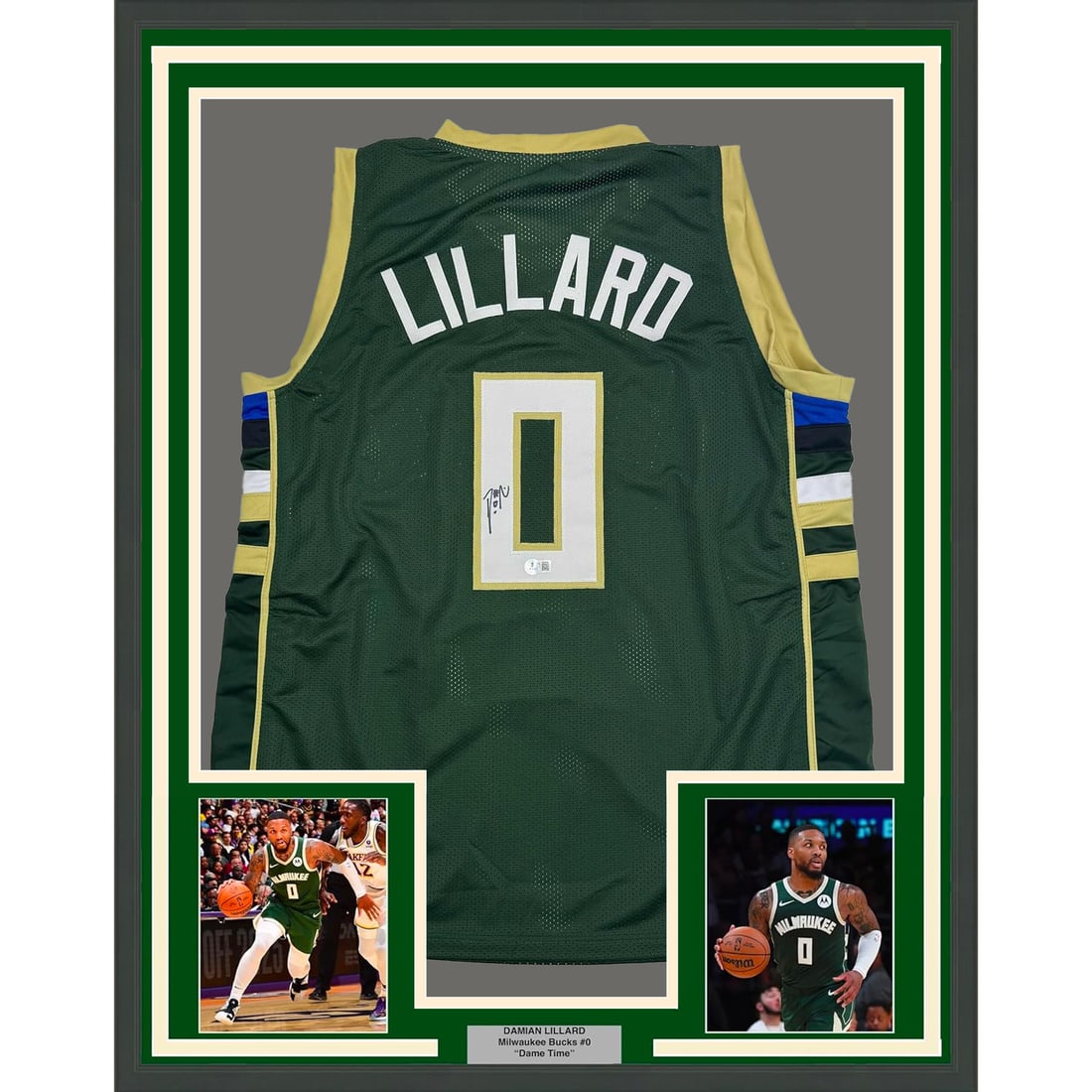 Framed Signed Damian Lillard Milwaukee Bucks Jersey JSA Certified: Framed Signed Damian Lillard Milwaukee Bucks Jersey JSA Certified Celebrate your love for basketball with this professionally framed autographed Damian Lillard Milwaukee Bucks jersey. Measuring 35x39 