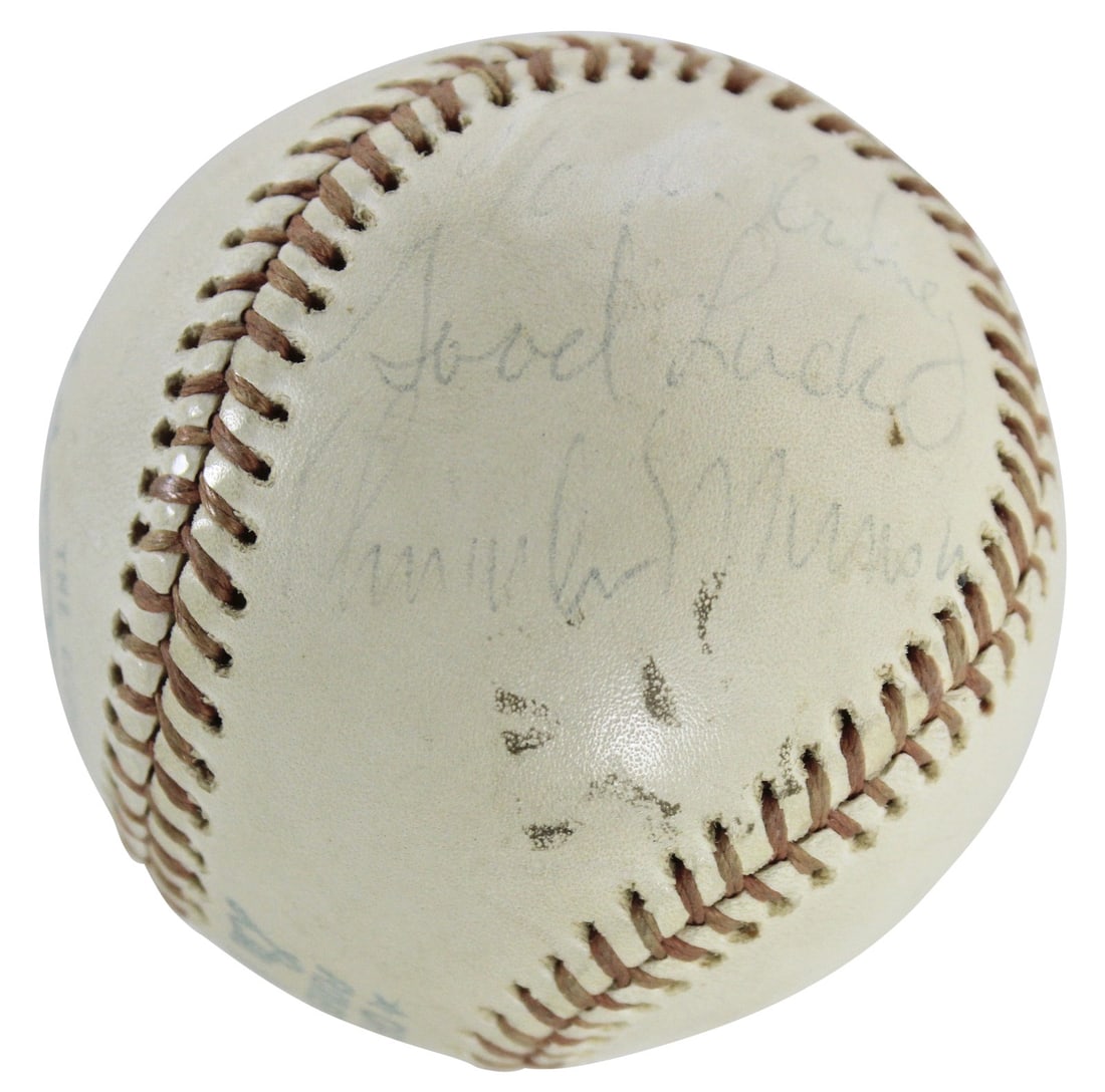 Thurman Munson Signed Baseball with Good Luck Inscription JSA Authenticated: Thurman Munson Signed Baseball with Good Luck Inscription JSA Authenticated This is an original autographed Lee MacPhail OAL baseball signed by Thurman Munson, featuring the inscription "Good Luck." A