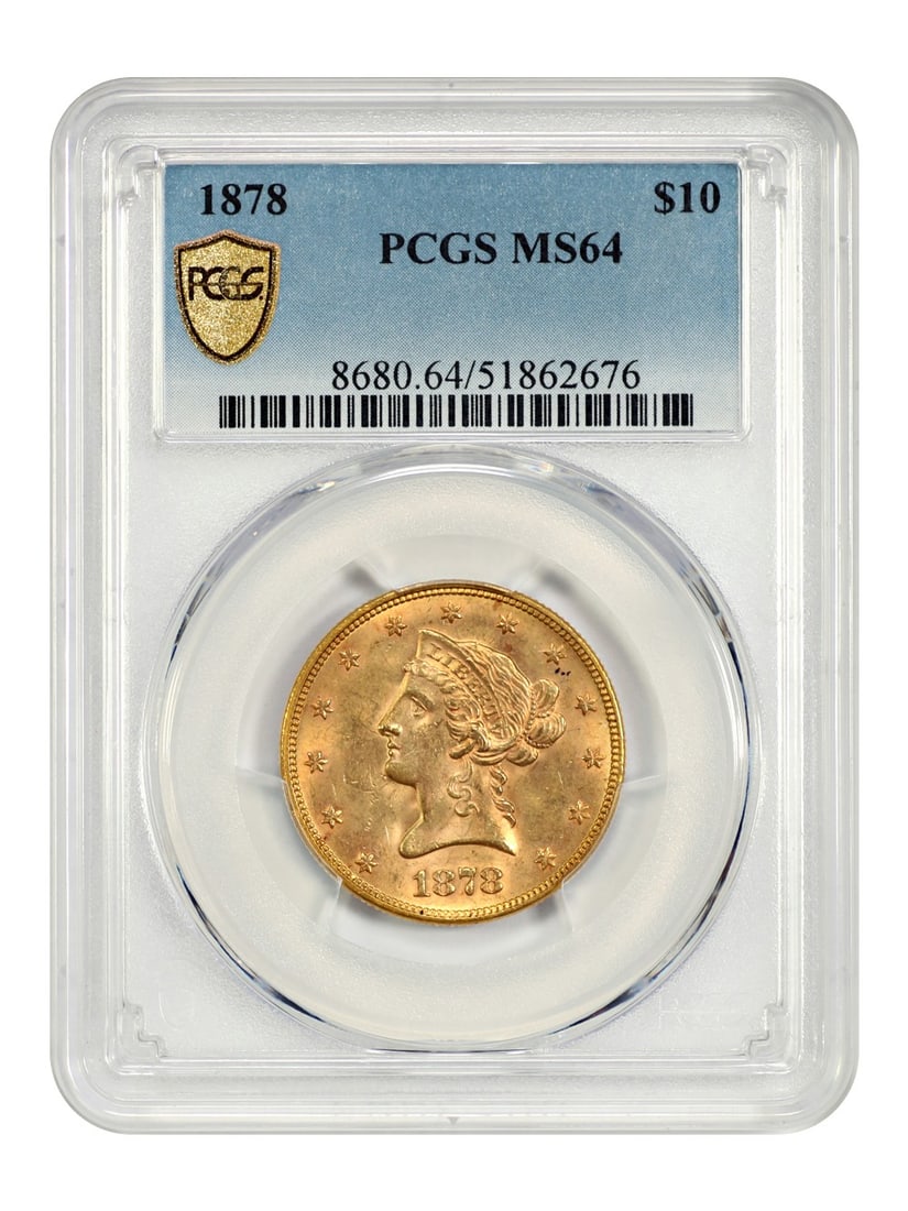 1878 Liberty Head $10 Gold Coin PCGS MS64: 1878 Liberty Head $10 Gold Coin PCGS MS64 This 1878 Liberty Head $10 gold coin is graded MS64 by PCGS and is uncirculated. It features sharp striking detail, original rose-gold color, and a softly fro