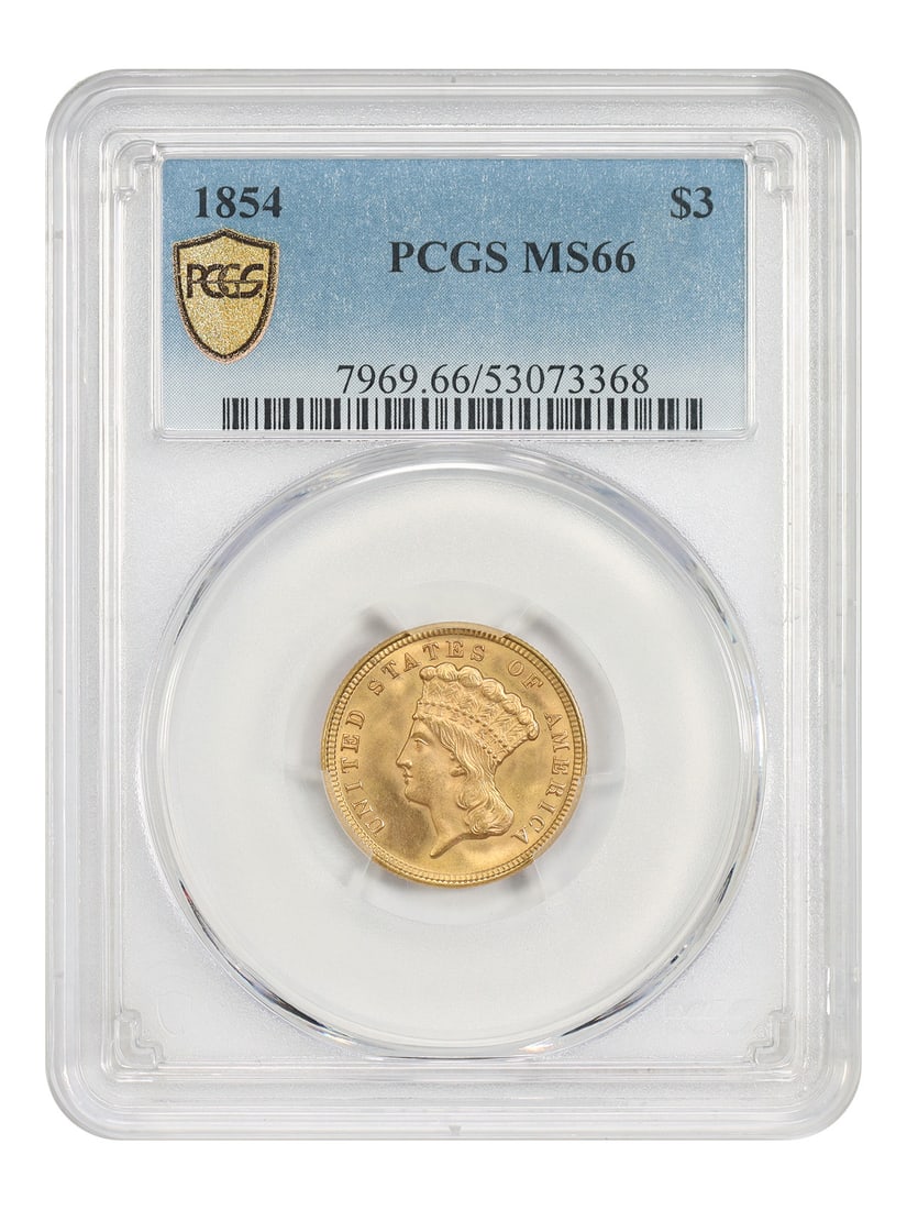 PCGS MS66 1854 Three Dollar Gold Coin: PCGS MS66 1854 Three Dollar Gold Coin This is an 1854 $3 gold coin from the Philadelphia Mint, certified by PCGS with a grade of MS66. As part of the Three Dollar gold coin series, this uncirculated p