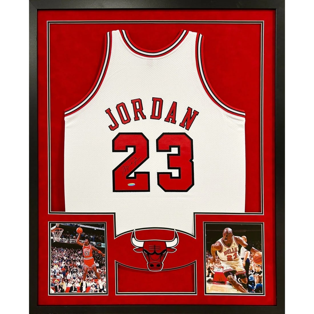 Michael Jordan Autographed Framed Bulls Jersey UDA Authenticated 42x34: Michael Jordan Autographed Framed Bulls Jersey UDA Authenticated 42x34 This is a rare and authentic autographed Michael Jordan framed jersey, a true collector's gem. The jersey is authenticated by UDA