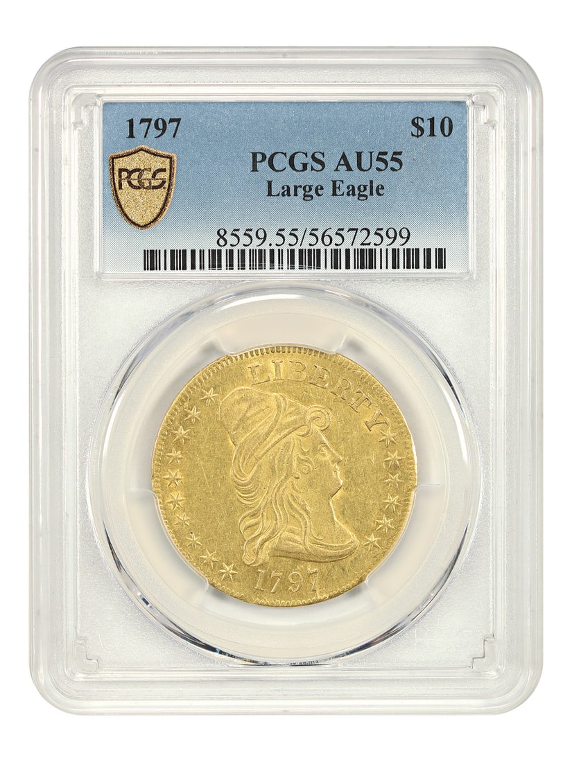 1797 Draped Bust Ten Dollar Gold Coin PCGS AU55 Large Eagle Reverse: 1797 Draped Bust Ten Dollar Gold Coin PCGS AU55 Large Eagle Reverse This 1797 $10 Large Eagle Draped Bust gold coin is certified by PCGS with a grade of AU55. Issued by the Philadelphia Mint, it is a 
