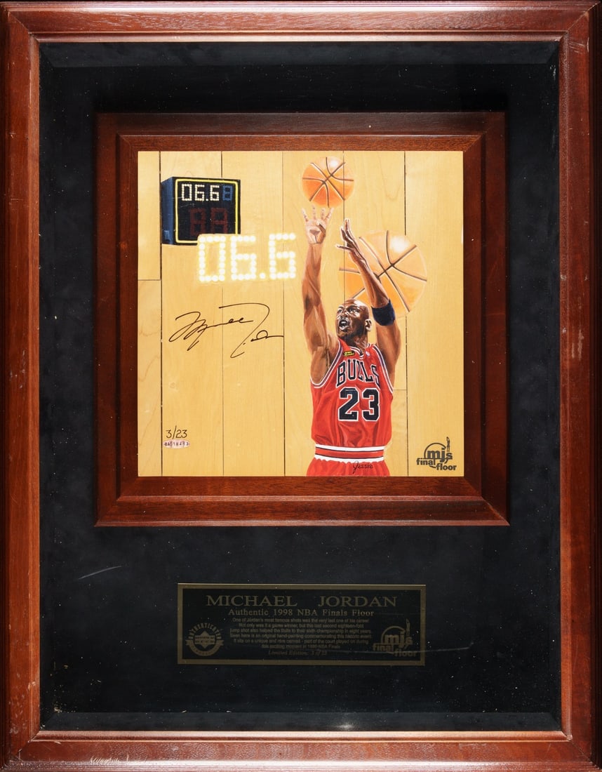 Michael Jordan Signed Game Used Floor Piece with UDA JSA COA: Michael Jordan Signed Game Used Floor Piece with UDA JSA COA Celebrate the iconic moment of Michael Jordan's legendary shot during the 1998 NBA Finals with this unique collectible. This piece features