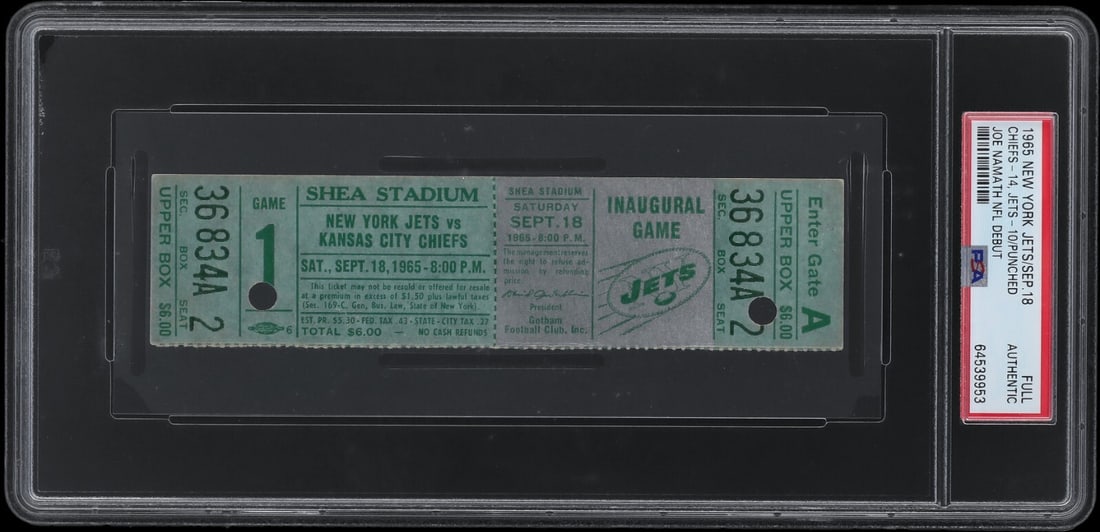 Joe Namath NFL Debut Full Ticket Sept 18 1965 PSA Certified Rare: Joe Namath NFL Debut Full Ticket Sept 18 1965 PSA Certified Rare Commemorate the legendary start of Joe Namath's career with this original full ticket from his NFL debut on September 18, 1965. This re