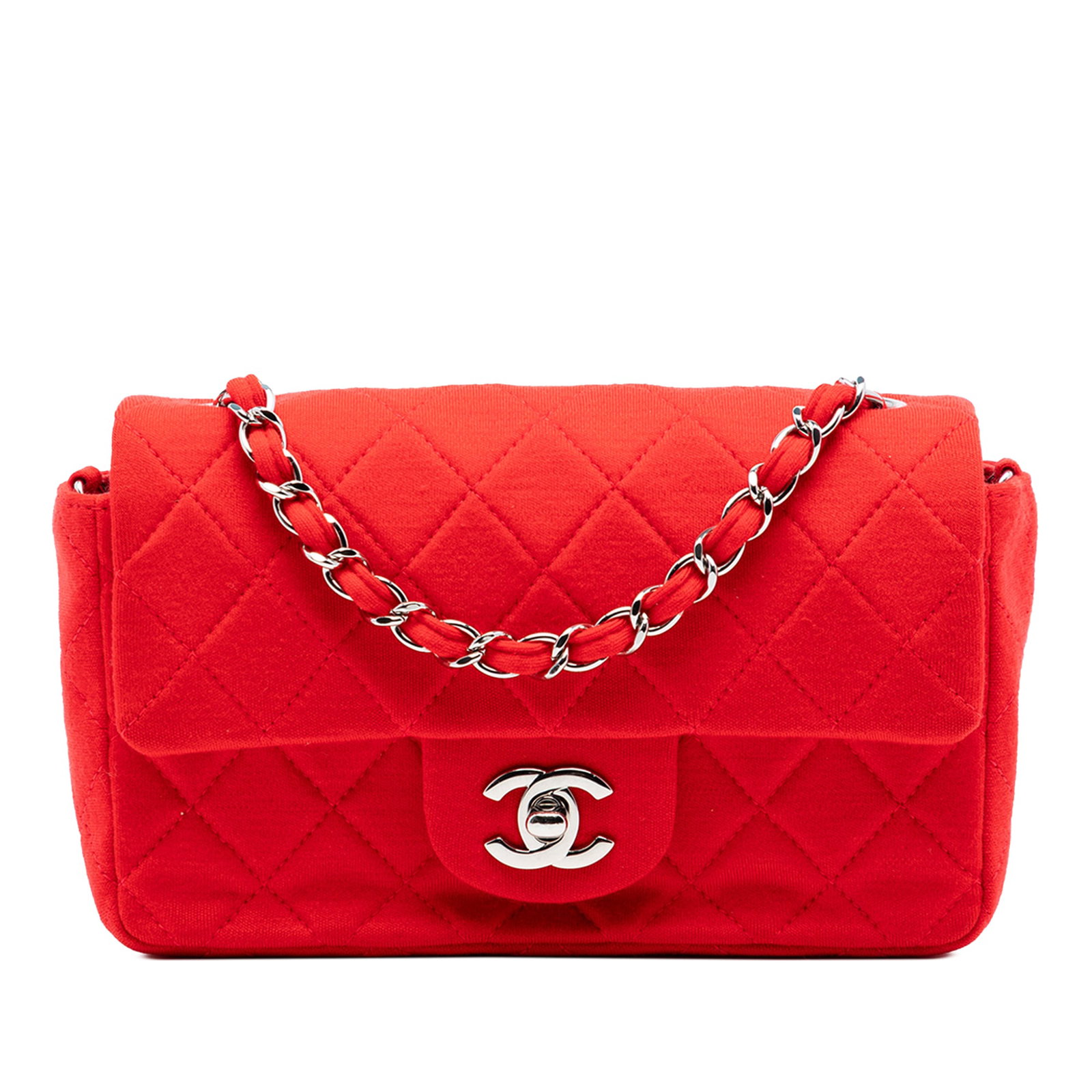 Chanel Mini Rectangular Jersey Flap Bag Red: Chanel Mini Rectangular Jersey Flap Bag Red This Chanel Mini Rectangular Classic Jersey Single Flap bag features a quilted jersey fabric body in red, complemented by a leather-woven chain link shoulde
