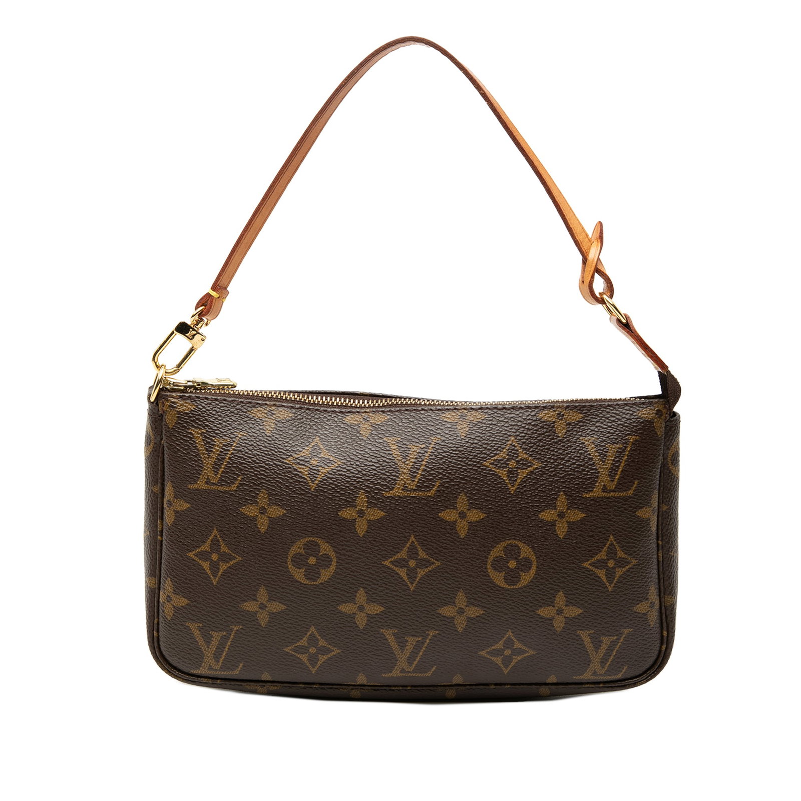 Louis Vuitton Monogram Canvas Zip Pouch with Vachetta Handle: Louis Vuitton Monogram Canvas Zip Pouch with Vachetta Handle This Louis Vuitton Monogram Pochette Accessoires features the iconic monogram canvas body, complemented by a flat vachetta leather handle a