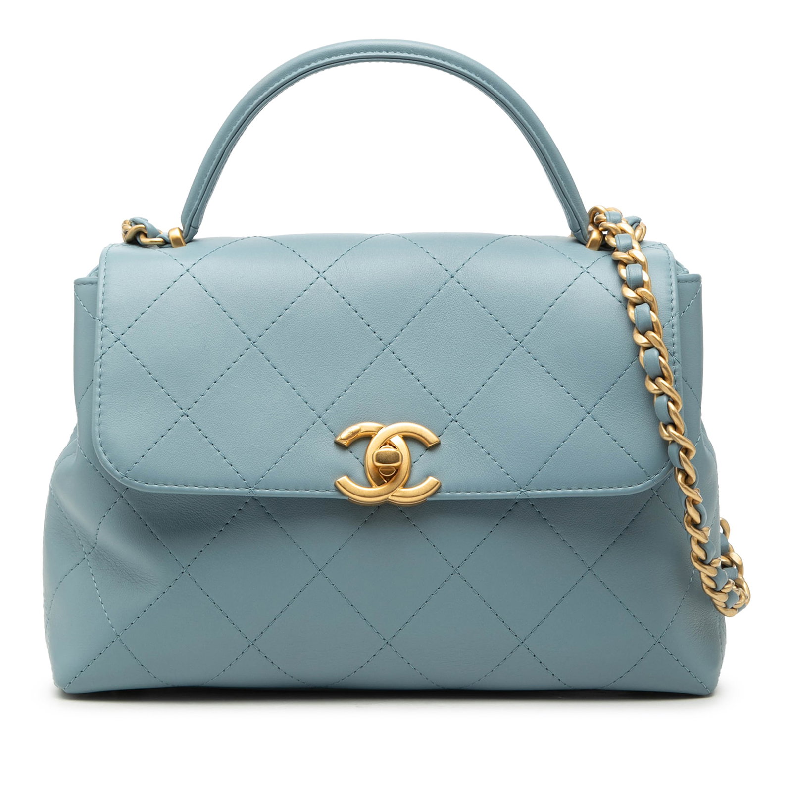 Chanel blue lambskin quilted flap satchel with top handle: Chanel blue lambskin quilted flap satchel with top handle This Chanel CC Quilted Lambskin Top Handle Flap bag is crafted from blue quilted lambskin leather and features a flat leather top handle, a le