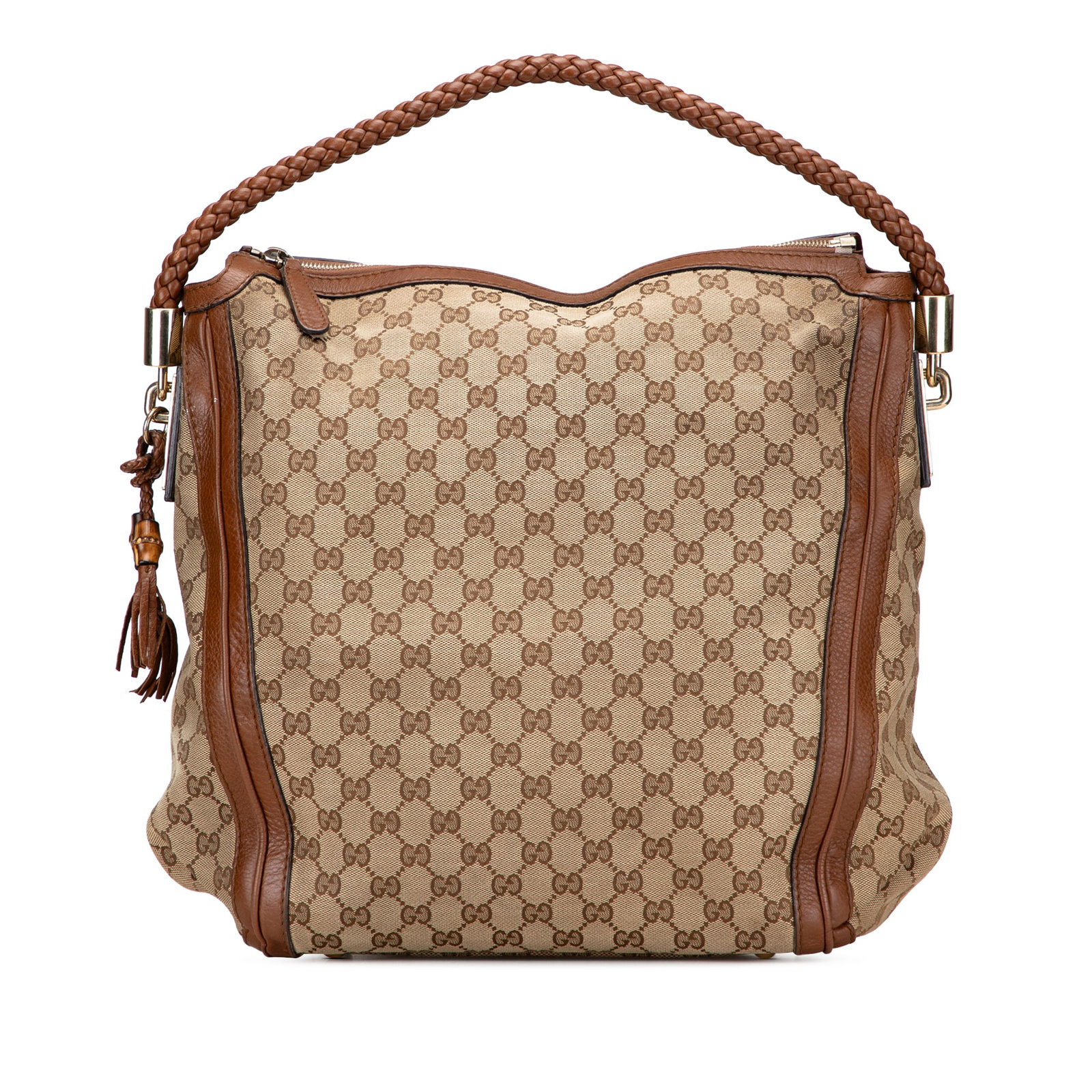 Gucci Bella Beige GG Canvas Tote with Leather Trim: Gucci Bella Beige GG Canvas Tote with Leather Trim This Gucci Large GG Canvas Bella Tote features a beige canvas body with leather trim, complemented by a braided leather strap. The tote is designed w
