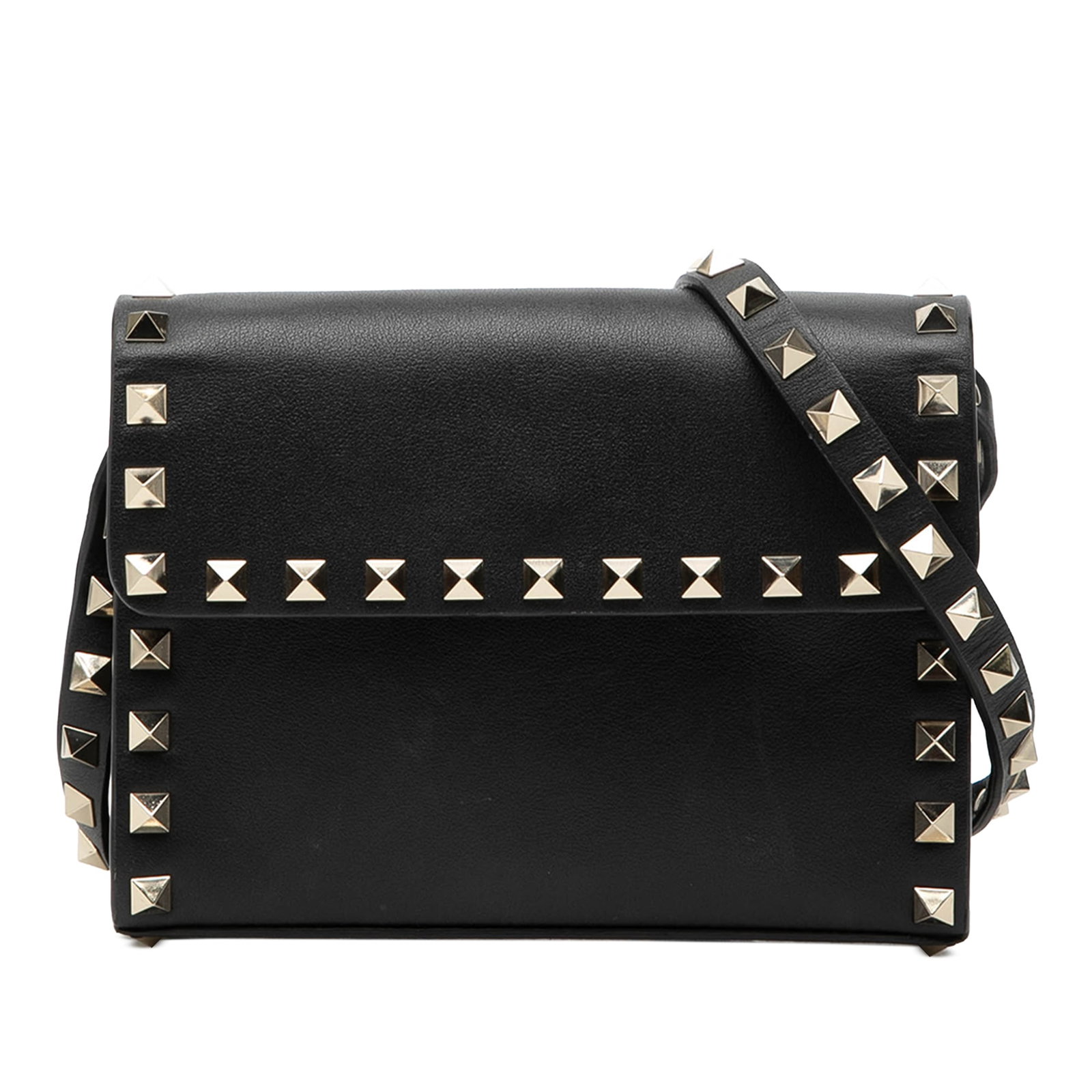 Valentino Rockstud black leather mini crossbody bag: Valentino Rockstud black leather mini crossbody bag This Valentino Mini Leather Rockstud Crossbody bag features a black leather body adorned with signature stud details and a studded flat leather stra