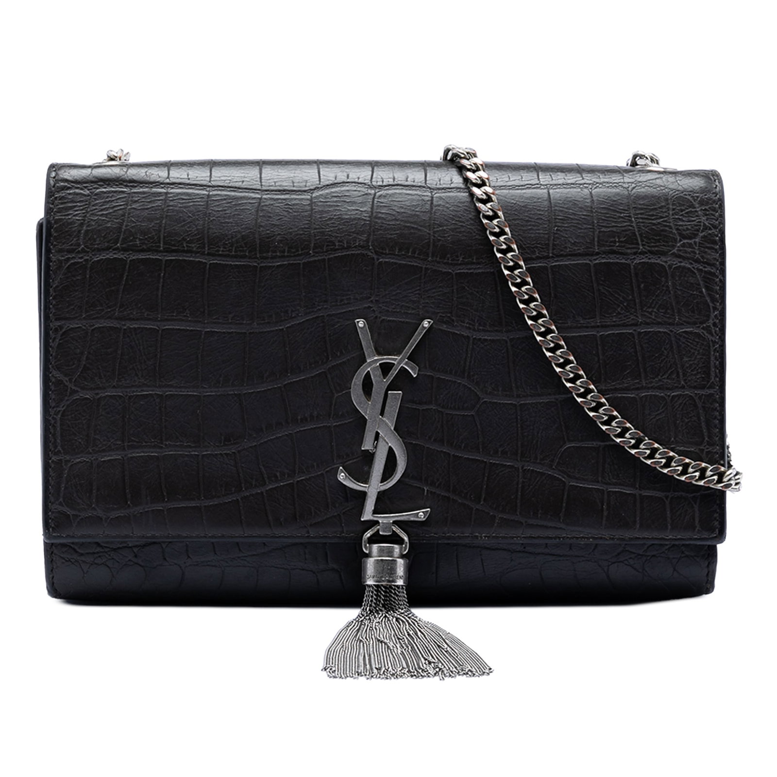 Saint Laurent Kate tassel crossbody bag croc embossed leather black: Saint Laurent Kate tassel crossbody bag croc embossed leather black This Saint Laurent Medium Kate crossbody bag is crafted from black croc-embossed leather and features a chain link shoulder strap, a