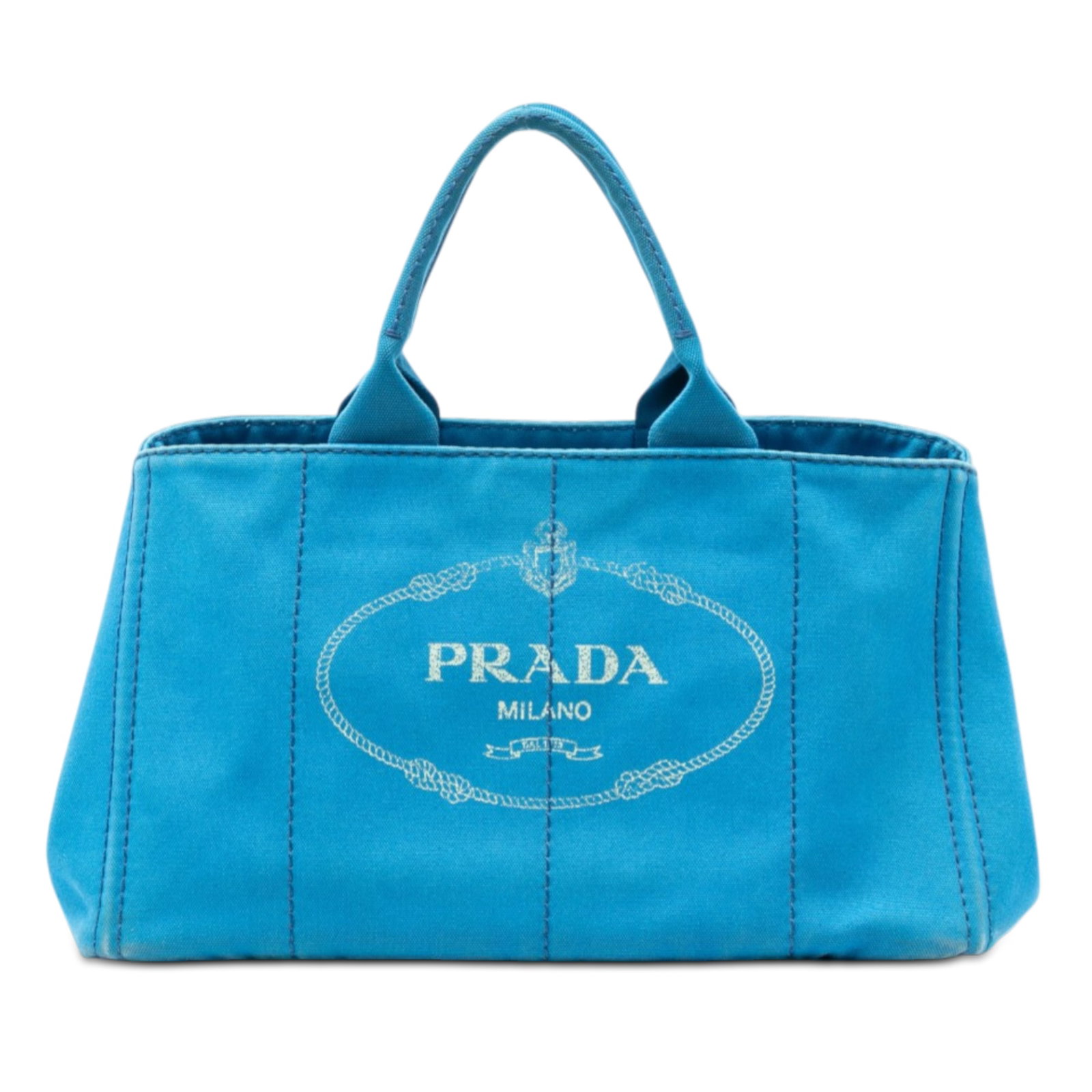 Prada Canapa Blue Fabric Satchel Large Logo: Prada Canapa Blue Fabric Satchel Large Logo This Prada Large Canvas Canapa Logo Satchel is crafted from durable blue fabric and features rolled handles, an open top, and spacious interior with zip and