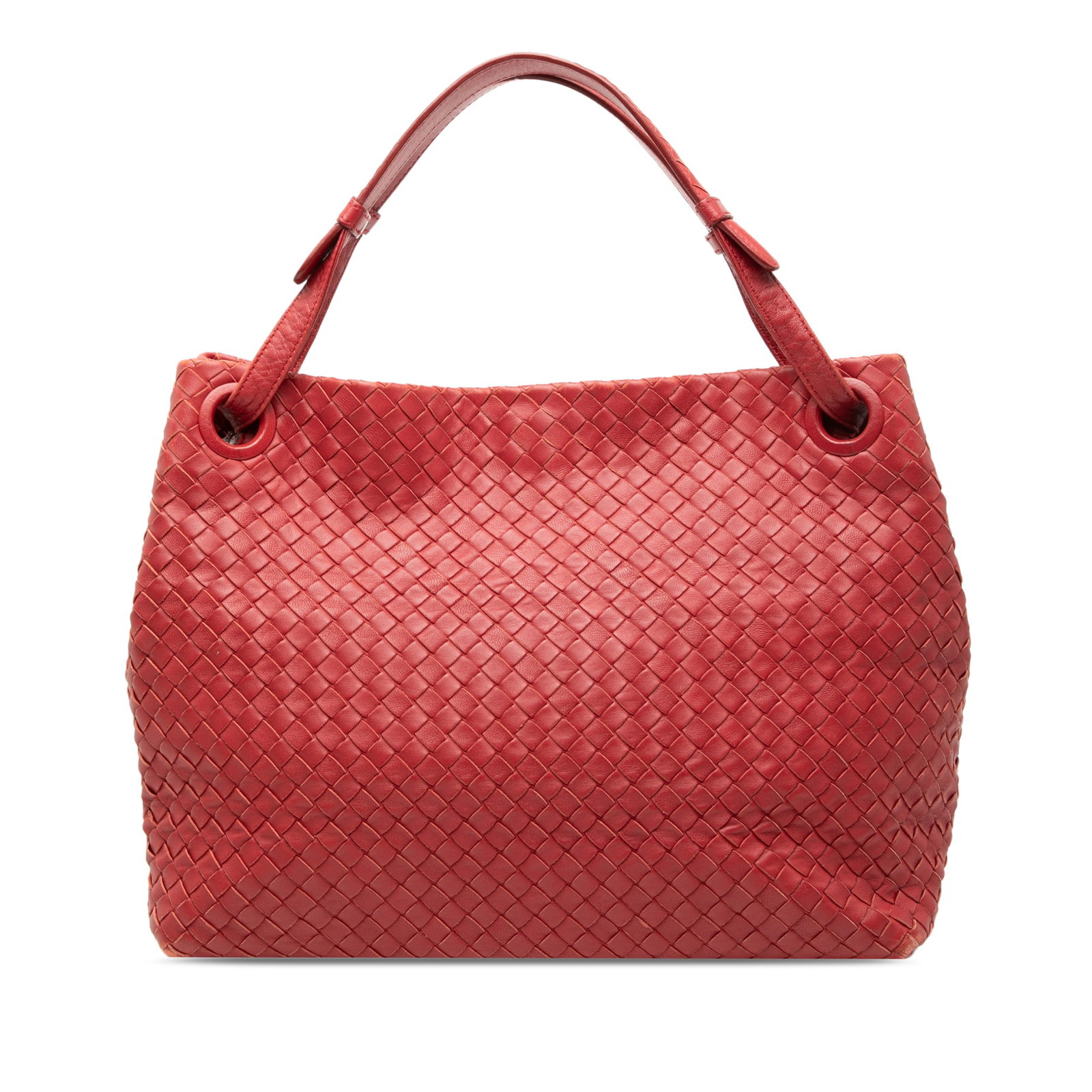 Red Bottega Veneta Garda Medium Woven Leather Tote Bag: Red Bottega Veneta Garda Medium Woven Leather Tote Bag This Bottega Veneta Medium Nappa Intrecciato Garda Tote features a signature woven leather body in red with flat leather handles, an open top,