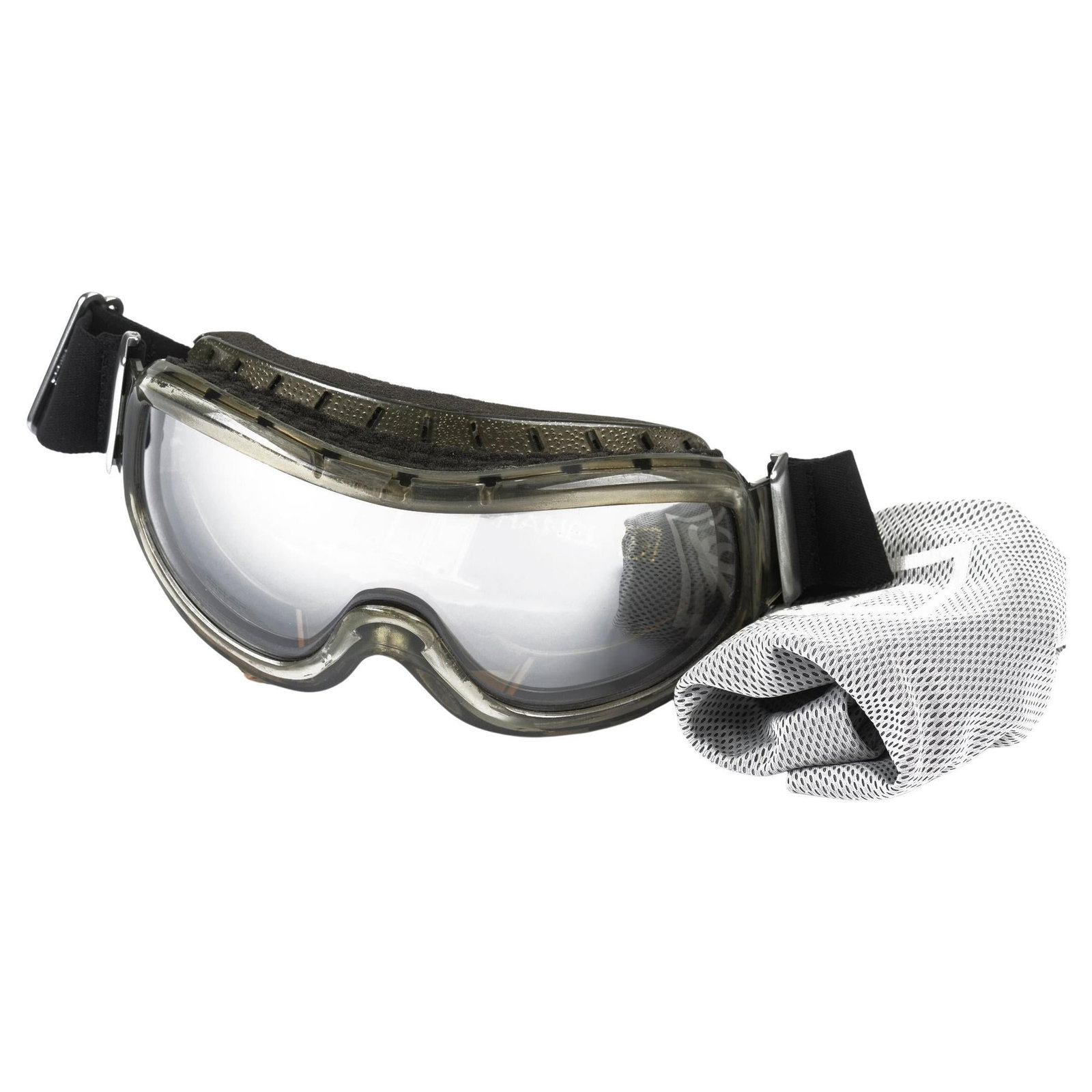 Chanel Polarized Ski Goggles by Karl Lagerfeld with Iridescent CC Logo: Chanel Polarized Ski Goggles by Karl Lagerfeld with Iridescent CC Logo Elevate your winter sports experience with these Chanel Polarized Ski Goggles, designed by Karl Lagerfeld. These goggles feature 