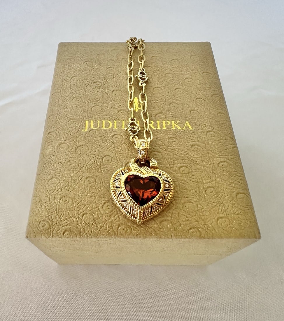 Judith Ripka 18K Yellow Gold Citrine Diamond Pendant Necklace with Box (1 of 7)