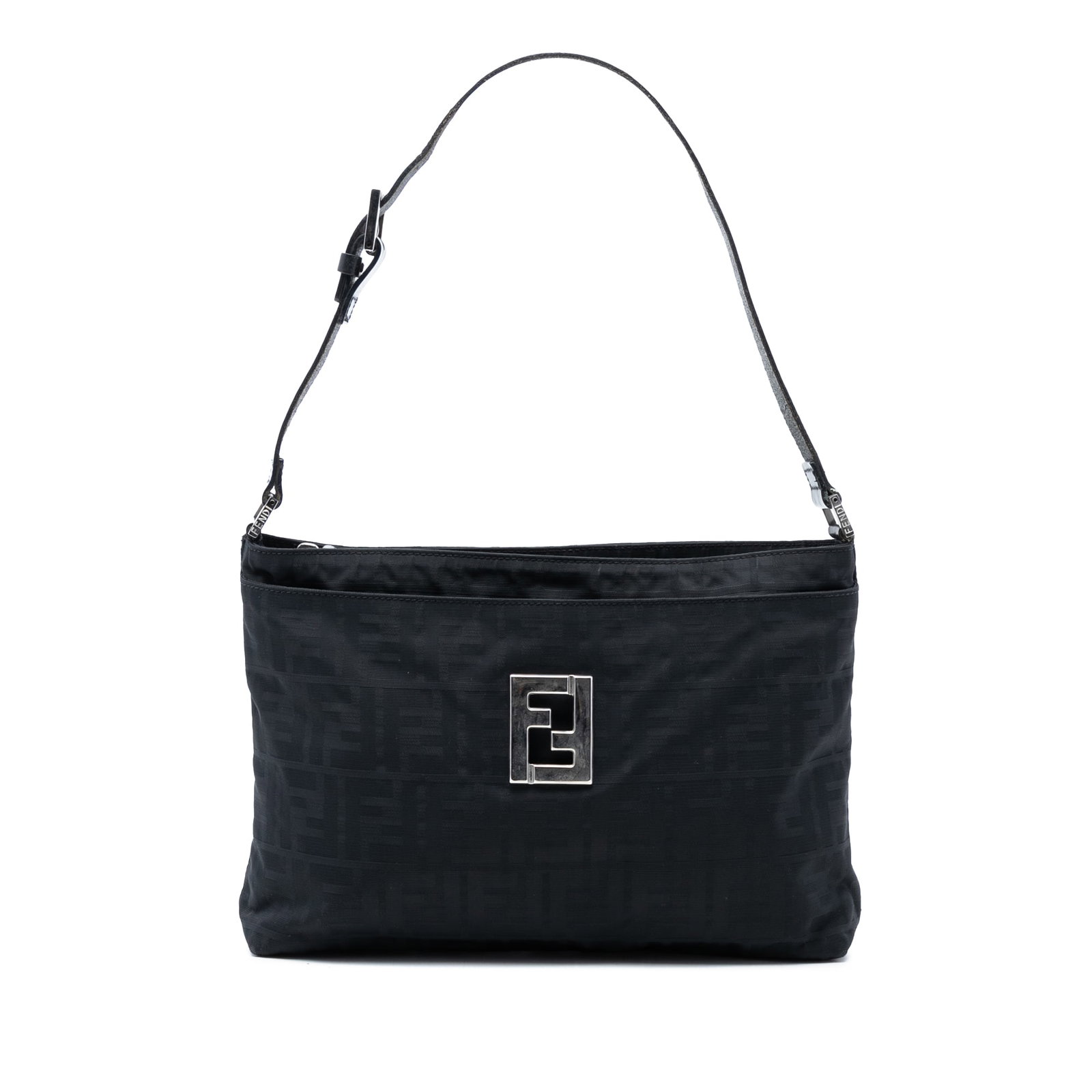 Fendi Zucca Nylon Black Shoulder Bag Italy: Fendi Zucca Nylon Black Shoulder Bag Italy This Fendi Zucca Nylon Shoulder Bag features a black nylon body with flat leather handles, an open top with magnetic closure, a top zip closure, an exterior 