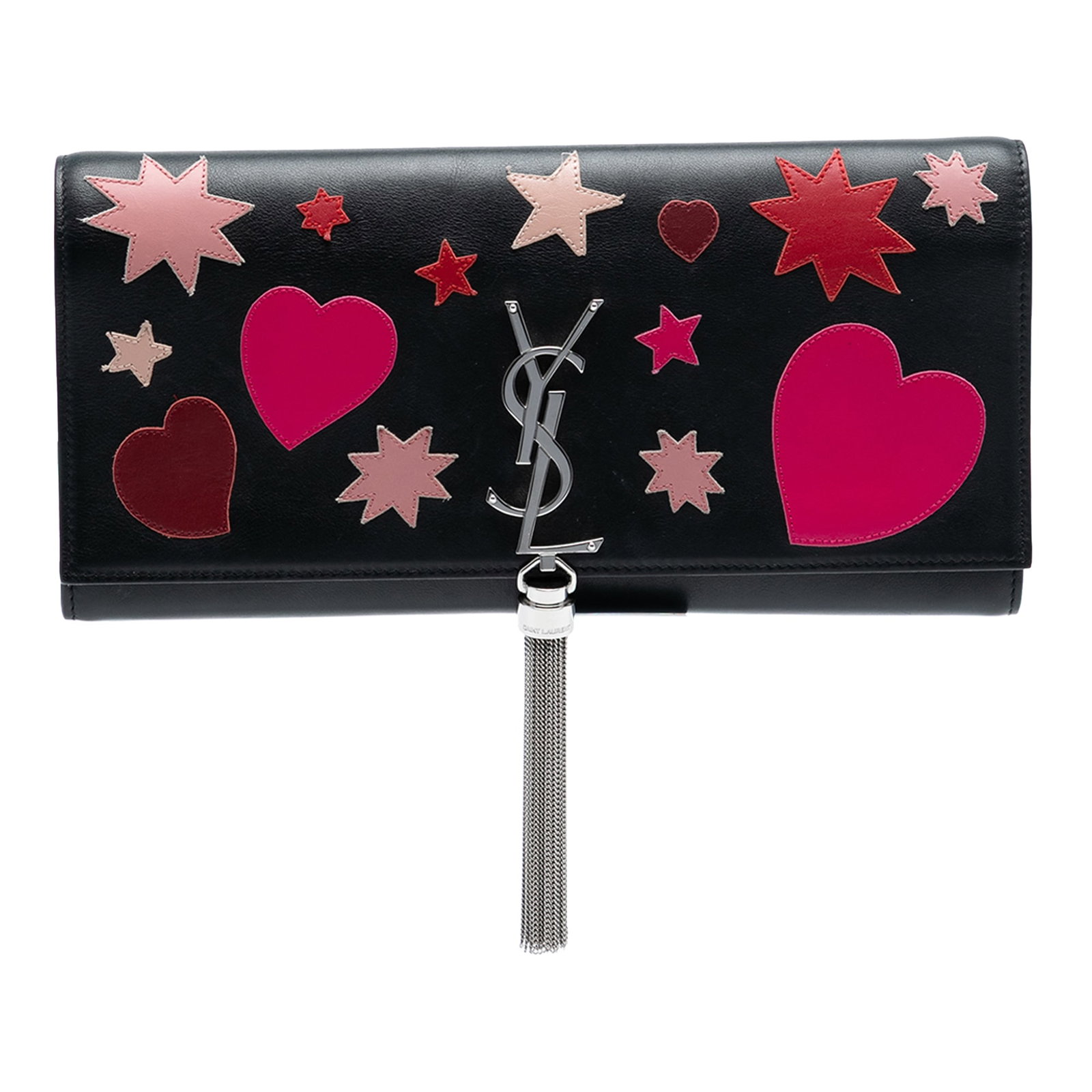 Saint Laurent Kate Medium Black Leather Clutch With Heart and Star Details: Saint Laurent Kate Medium Black Leather Clutch With Heart and Star Details This Saint Laurent Medium Leather Monogram Kate Clutch features a black leather body adorned with heart and star embellishmen