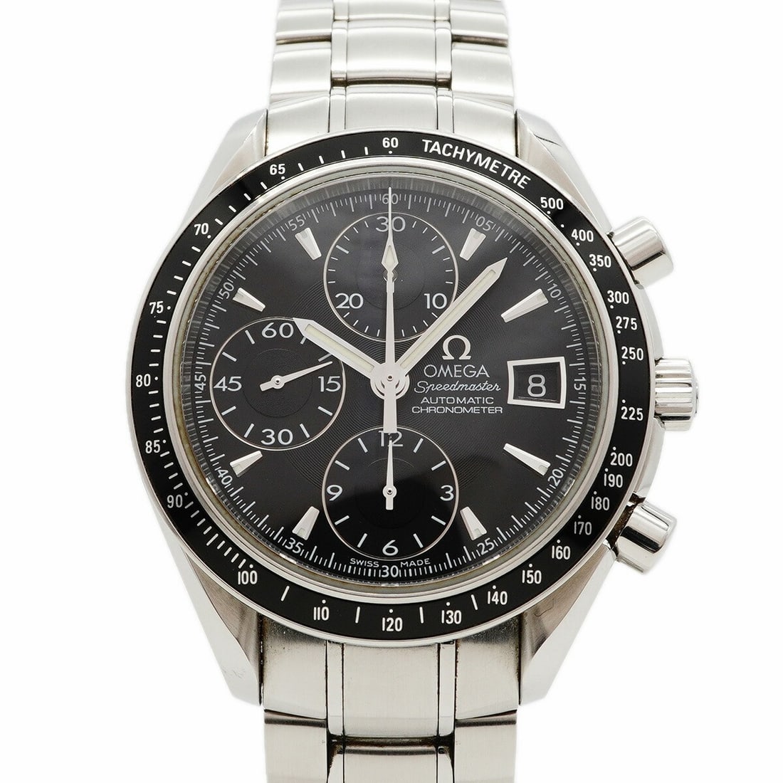 OMEGA Speedmaster Automatic Black Dial Wristwatch 3210.50: OMEGA Speedmaster Automatic Black Dial Wristwatch 3210.50 This OMEGA Speedmaster 3210.50 is a men's wristwatch featuring a black dial and stainless steel band. The automatic movement ensures reliable 