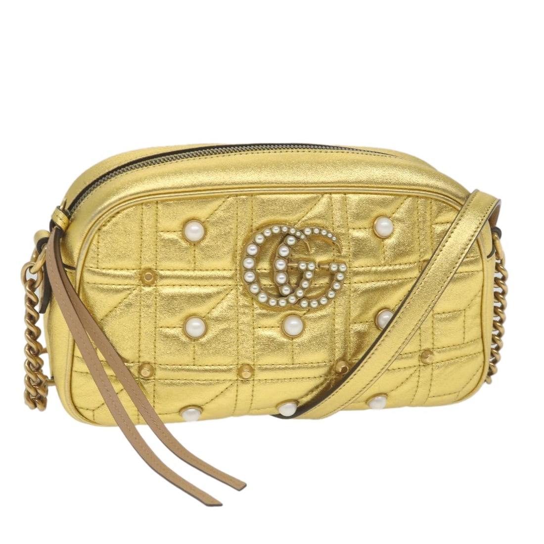 Gucci GG Marmont leather shoulder bag gold: Gucci GG Marmont leather shoulder bag gold This Gucci GG Marmont Shoulder Bag is crafted from gold leather and features a structured silhouette with a signature GG logo. Designed for women, the bag in