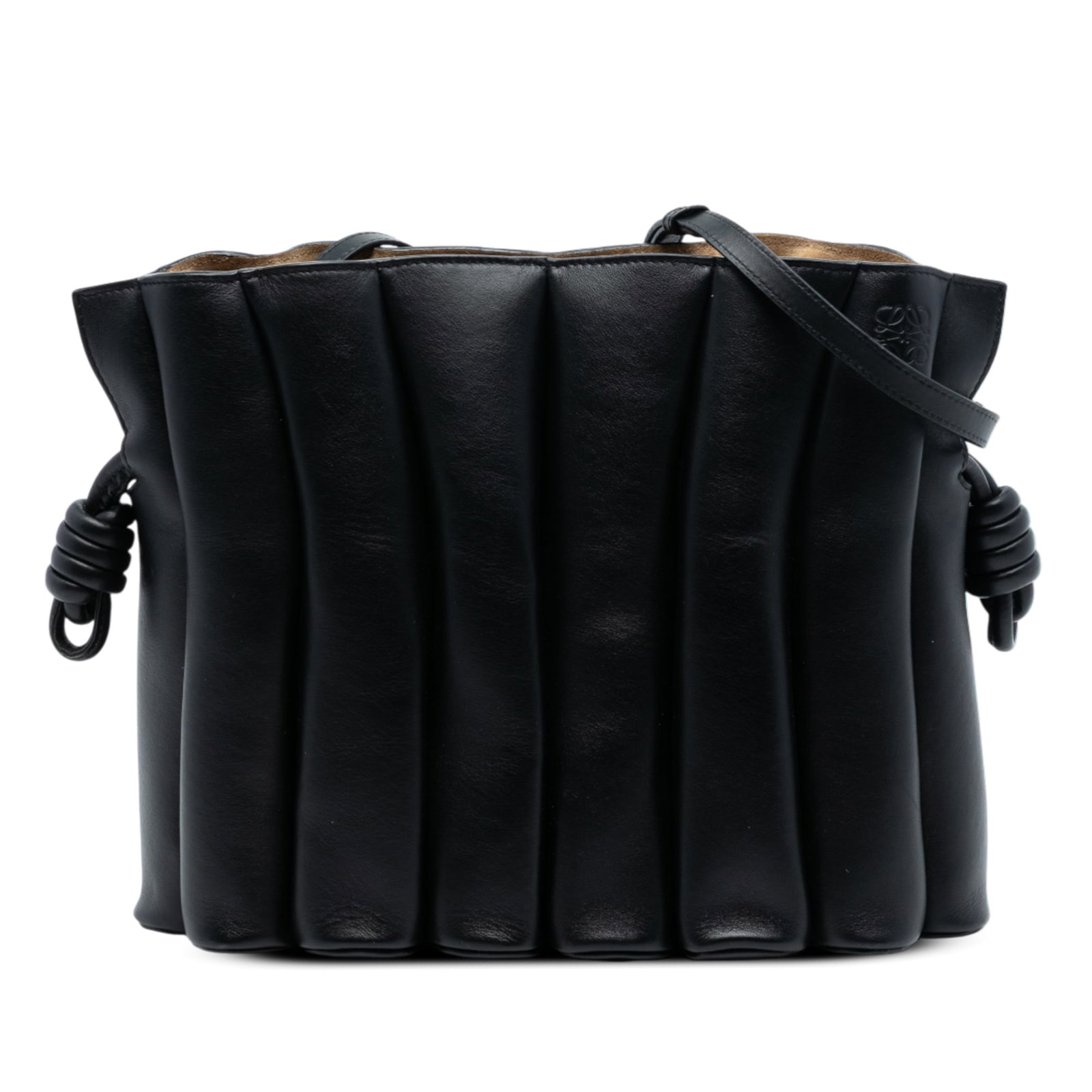 Loewe Ondas Flamenco Knot Black Calfskin Crossbody Bag: Loewe Ondas Flamenco Knot Black Calfskin Crossbody Bag The LOEWE Calfskin Ondas Flamenco Knot Crossbody is crafted from pleated black leather and features a flat leather shoulder strap. The bag has an